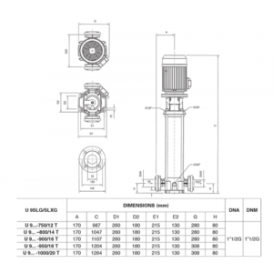 Máy Bơm Trục Đứng Cánh Inox Pentax U9SLG-800/14T 7,5HP 5,5KW